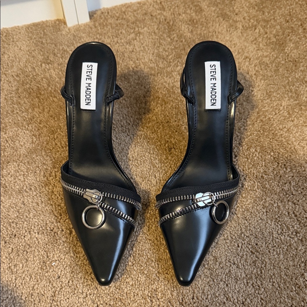 Steve Madden Black Heeled Mules with Zipper Detail